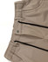 Beige water-repellent flexi work pants featuring elastic waistband and zippered pockets, with branding on the fabric.