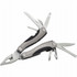 A silver and black multi-tool with various tools including pliers, blades, and screwdrivers, featuring a logo.
