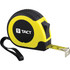 A rugged tape measure in black and yellow, featuring a locking mechanism and a keyring attachment.