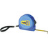 A blue locking tape measure with a black strap, featuring a branding logo.