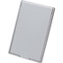 A silver stand-up pocket mirror with a sleek, rectangular design. It features a reflective surface and has a logo.