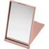A stand-up pocket mirror in a rose gold finish, featuring a sleek, foldable design. Includes branding on the surface.
