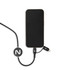 A cable connected to a smartphone, featuring a round branding logo, in black and silver.