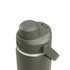 A drink bottle in an olive green colour with a silver band and a lid featuring a thumb lever and branding.