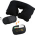 A black travel pillow, earplugs, and a compact zippered bag containing essential items. The bag features a logo.