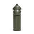 A drink bottle in olive green with a flip straw and a carrying handle. The bottle features a logo.