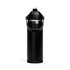 A drink bottle in black with a flip straw and carrying handle, featuring a logo on the side.