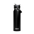 A drink bottle in black with a flip straw cap and a carry handle, featuring a logo on the front.