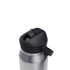A drink bottle with a stainless steel body and a black flip straw lid, featuring an attached handle.