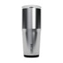 A drink bottle featuring a silver body with a black base, topped with a clear lid and a brand logo.