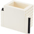 A white, perforated pen pot with a holder for markers and a space for notes, featuring a branding logo.