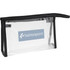 A transparent toiletry bag with a black trim and a logo. Ideal for storing travel essentials.