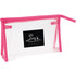 A clear toiletry bag with pink accents and a logo, featuring a rectangular shape and zippered closure.