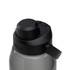 A drink bottle in grey with a black lid and spout, featuring a branding logo on the side.