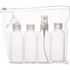 A clear zippered pouch containing four empty bottles and a funnel, all designed for toiletries.