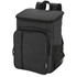 A black picnic cooler backpack with a front pocket and mesh side pockets, featuring a logo.
