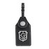 A black luggage tag featuring a holder for an AirTag, with contrasting white stitching and a logo.