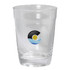 A drink bottle in clear glass featuring a logo with waves and a sun design.