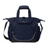 A navy blue bag featuring multiple pockets, sturdy handles, and a shoulder strap, with a logo on the front.