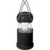 A compact black lantern with a clear body and metal hooks for hanging, featuring a logo on the top.