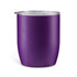 A purple insulated coffee cup with a clear lid, featuring a smooth, matte finish and a rounded design.