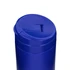 A blue coffee cup with a sleek design and a push-button opening feature, also featuring branding.