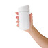 A reusable white coffee cup held in a hand, featuring a lid and a smooth, sleek design.