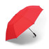 A red compact umbrella with a black handle and a logo, featuring a sleek design.