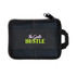 A black zipped pouch featuring a mesh pocket and a logo. It has a handle for easy carrying.