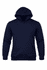 A navy blue hoodie featuring a front pocket and a hood, with a logo in the centre.