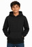 A black hoodie with a front pocket and a hood, suitable for kids. Features a branding logo.