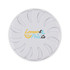 A round, white fragrance pot with a decorative logo in yellow and teal. Features a floral design on the surface.
