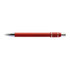 A red metal pen with a shiny silver clip and accents, featuring a logo.