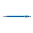 A blue metal pen with a shiny silver clip and detailing, featuring a logo on the barrel.