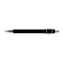 A metal pen in black with chrome accents, featuring a sleek design and branding.