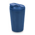 A reusable coffee cup in navy blue with a removable lid and a comfortable grip. It features a logo.