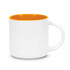 A coffee mug with a white exterior and orange interior, featuring a handle and a branding logo.
