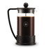 A French press coffee maker in black, with a glass body and a branded base, ideal for brewing coffee.