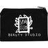 A black cotton travel pouch with a zip closure and a logo featuring a spa theme.