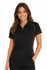 A black polo shirt featuring orange piping, designed for women, displayed on a smiling model.