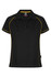 A black polo shirt with yellow piping and a collar, featuring branding on the label.