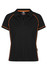 A black polo shirt featuring orange piping and a logo. It has a classic collar and short sleeves.