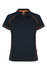 A navy polo shirt with contrasting orange piping and a collar. It features a logo on the chest area.