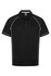 A black polo shirt with white piping, featuring a collar and button placket. Includes a logo.