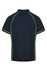 A navy polo shirt featuring bright yellow trim and a logo. The collar and sleeves are also styled with contrasting details.