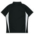 A black polo shirt featuring white side panels and a collar. The design is simple and lacks any visible branding.
