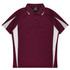A maroon polo shirt with white accents and a logo. Short sleeves and a classic collar design.