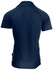 A navy blue polo shirt featuring side stripes, with a collar and short sleeves, displaying a logo on the side.