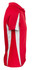 A red polo shirt with white side panels and a collar, featuring a logo on the front.