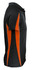 A black and orange polo shirt with short sleeves and a collar, featuring side stripe details.